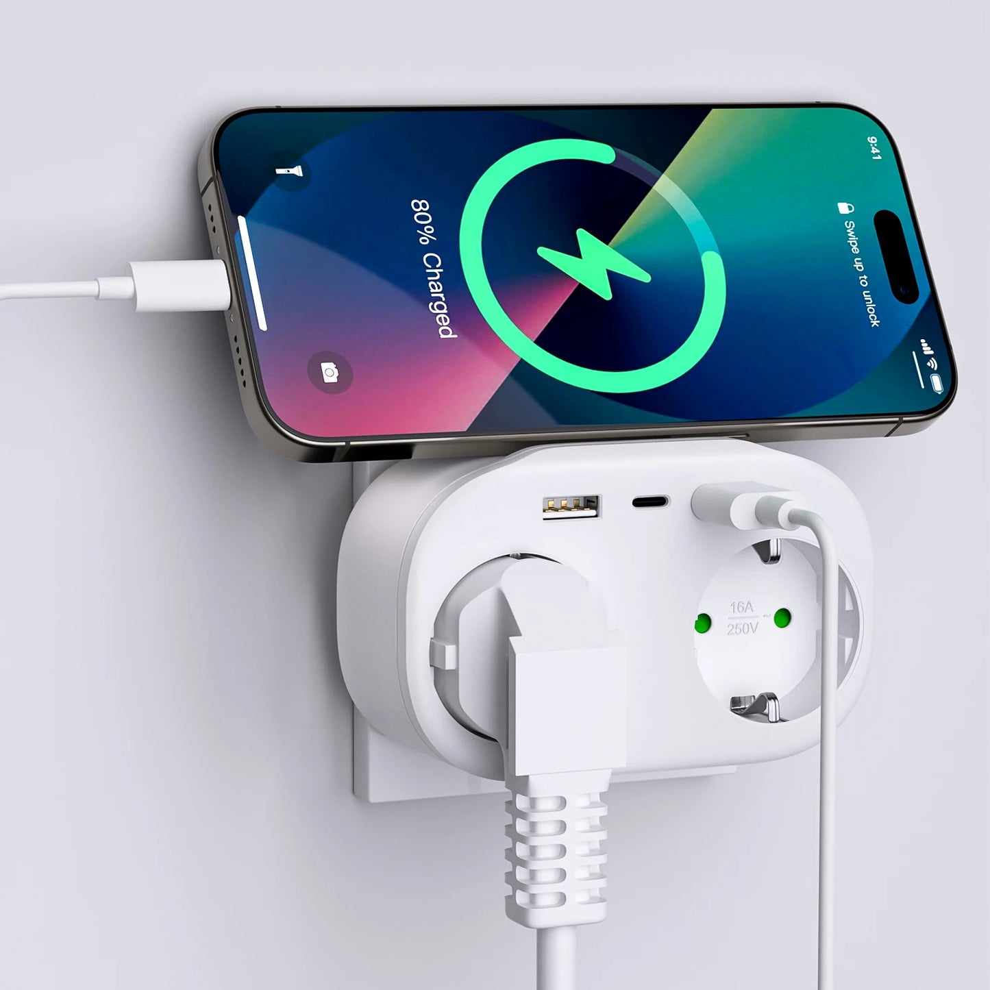 4000W 2-Way EU Wall Power Socket with Dual USB & Type-C Ports