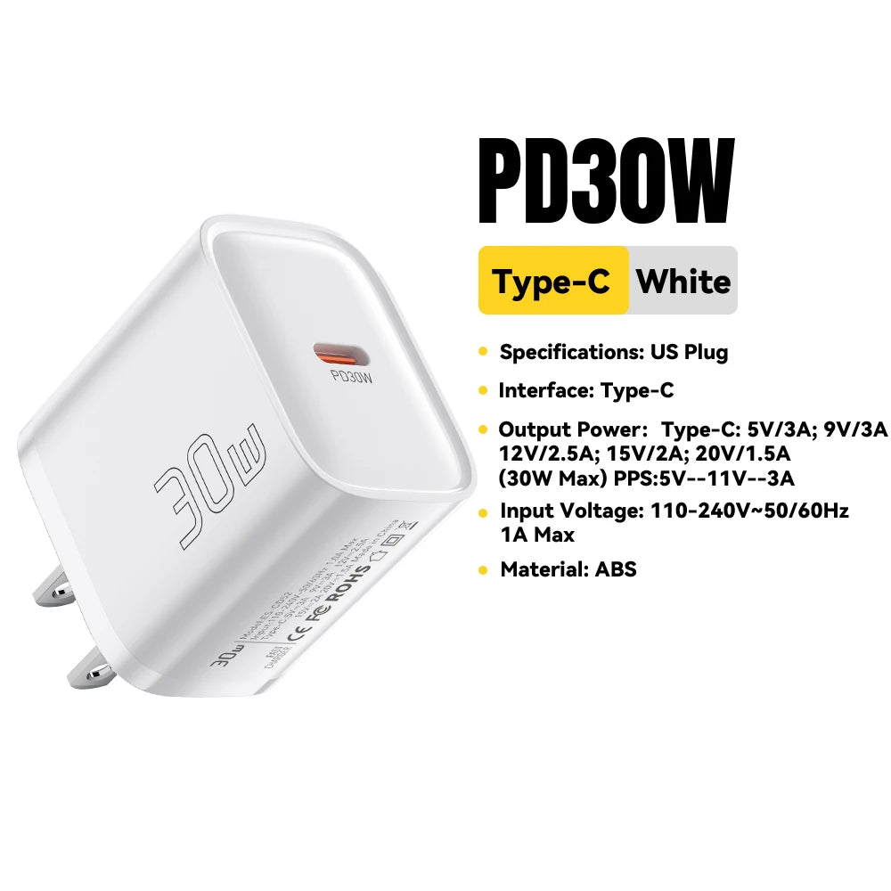 Mini 30W USB-C Fast Charger - PD & QC 3.0 Power Adapter for iPhone & Android - 24