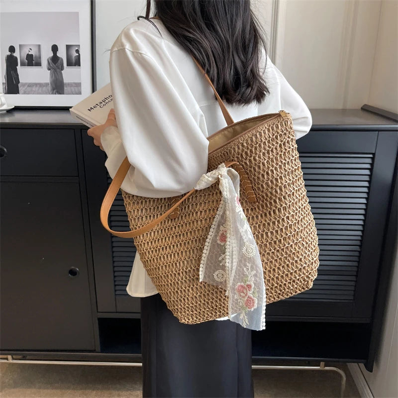 Lace Woven Straw Tote