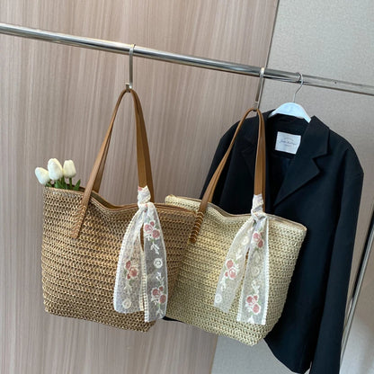 Lace Woven Straw Tote