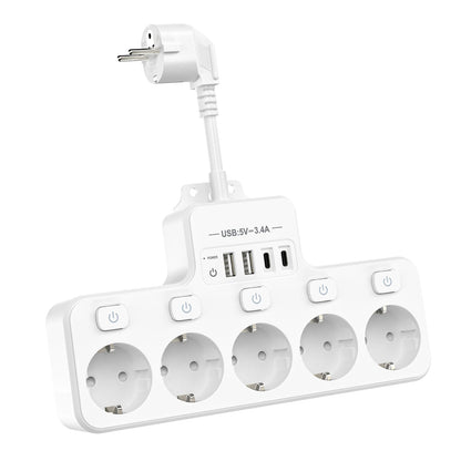 9-in-1 EU Power Strip: 5 AC Outlets & 4 USB Fast Charging Ports