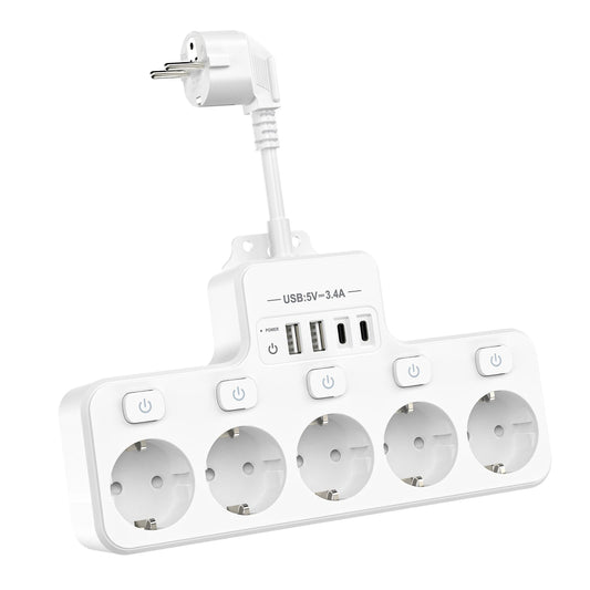 9-in-1 EU Power Strip: 5 AC Outlets & 4 USB Fast Charging Ports