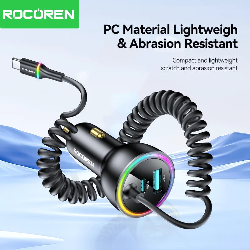 70W Fast USB-C Car Charger with 1.6m Retractable Spring Cable