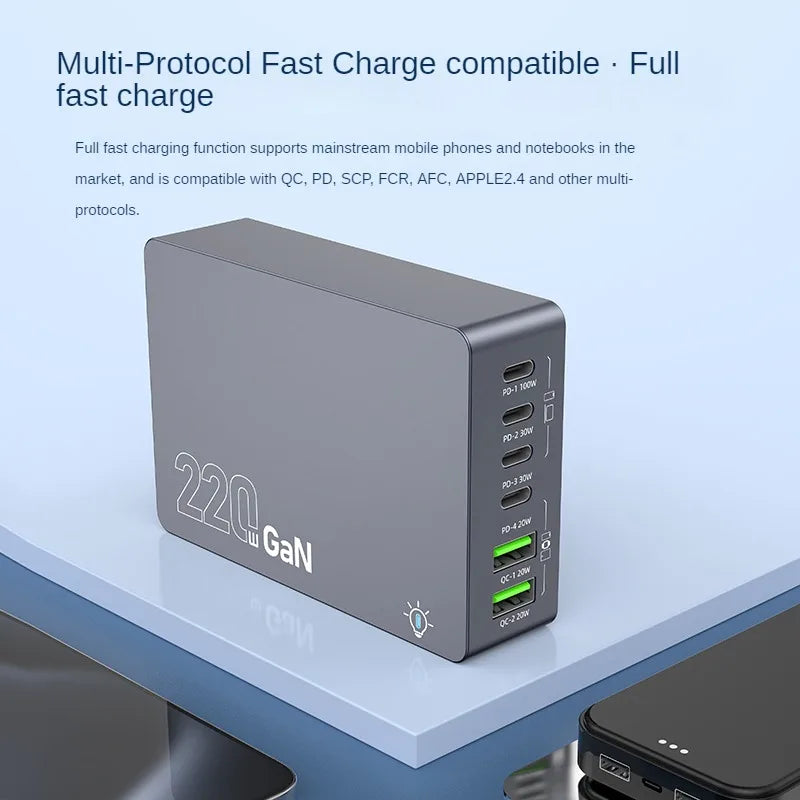 220W 6-Port GaN Desktop Fast Charger - PD USB-C & QC Charging Station