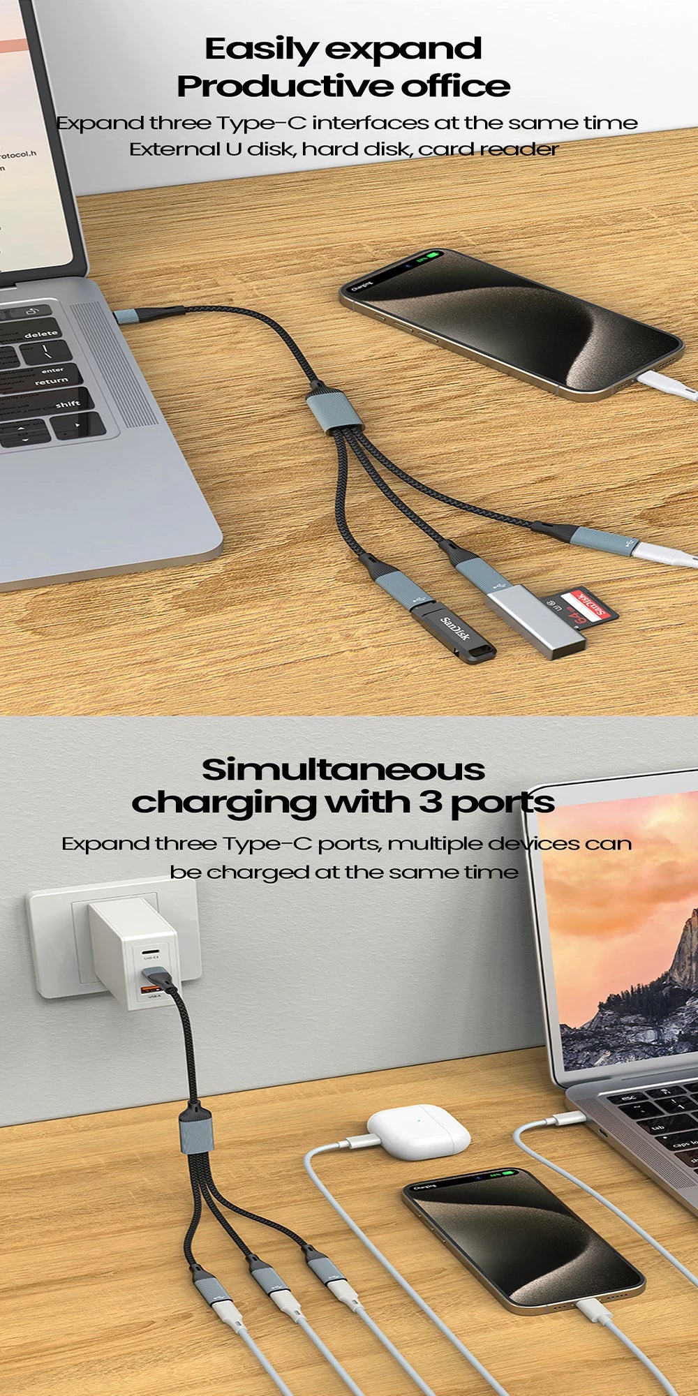 USB-C to 3-Port USB 3.0 Hub Adapter - High-Speed Data & OTG Splitter