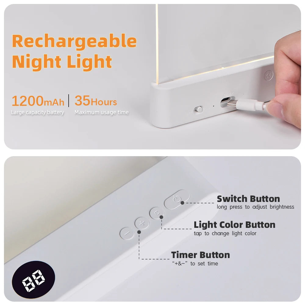 Flat Panel LED Book Reading Light - Rechargeable Eye-Caring Night Light with Timer