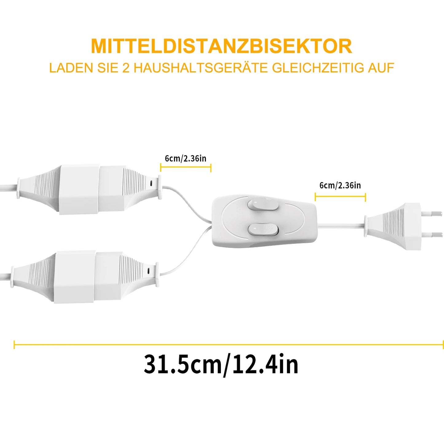 German Standard Dual Socket Extension Cable - Compact 2-Way Power Splitter