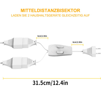 German Standard Dual Socket Extension Cable - Compact 2-Way Power Splitter