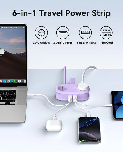 65W GaN Fast Charging Power Strip - 6-in-1 Compact Travel Charger & Adapter