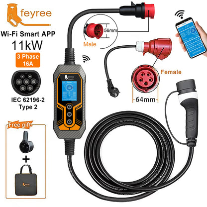 11KW Portable Type 2 EV Charger - Smart App Control & Adjustable Current