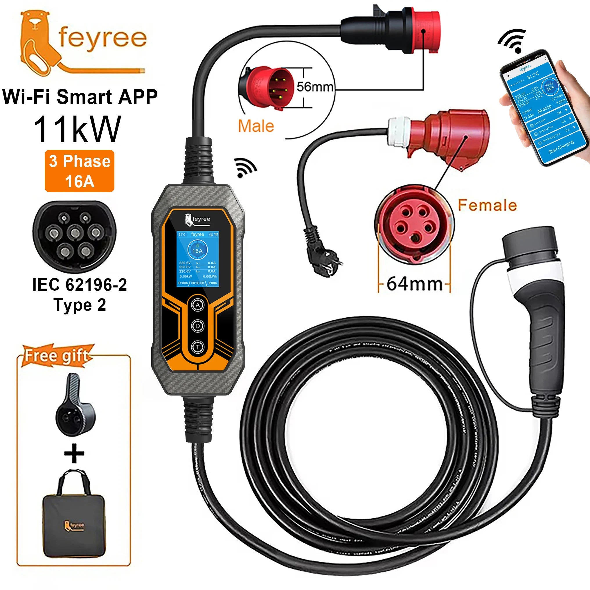 11kW Type 2 Portable EV Charger - 16A 3-Phase Smart App Control 5m Cable - 10