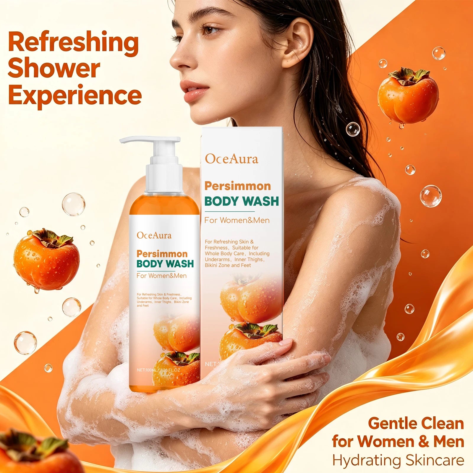 Natural Persimmon Body Wash - Odor Eliminating Deodorizing Shower Gel for All Skin - 6