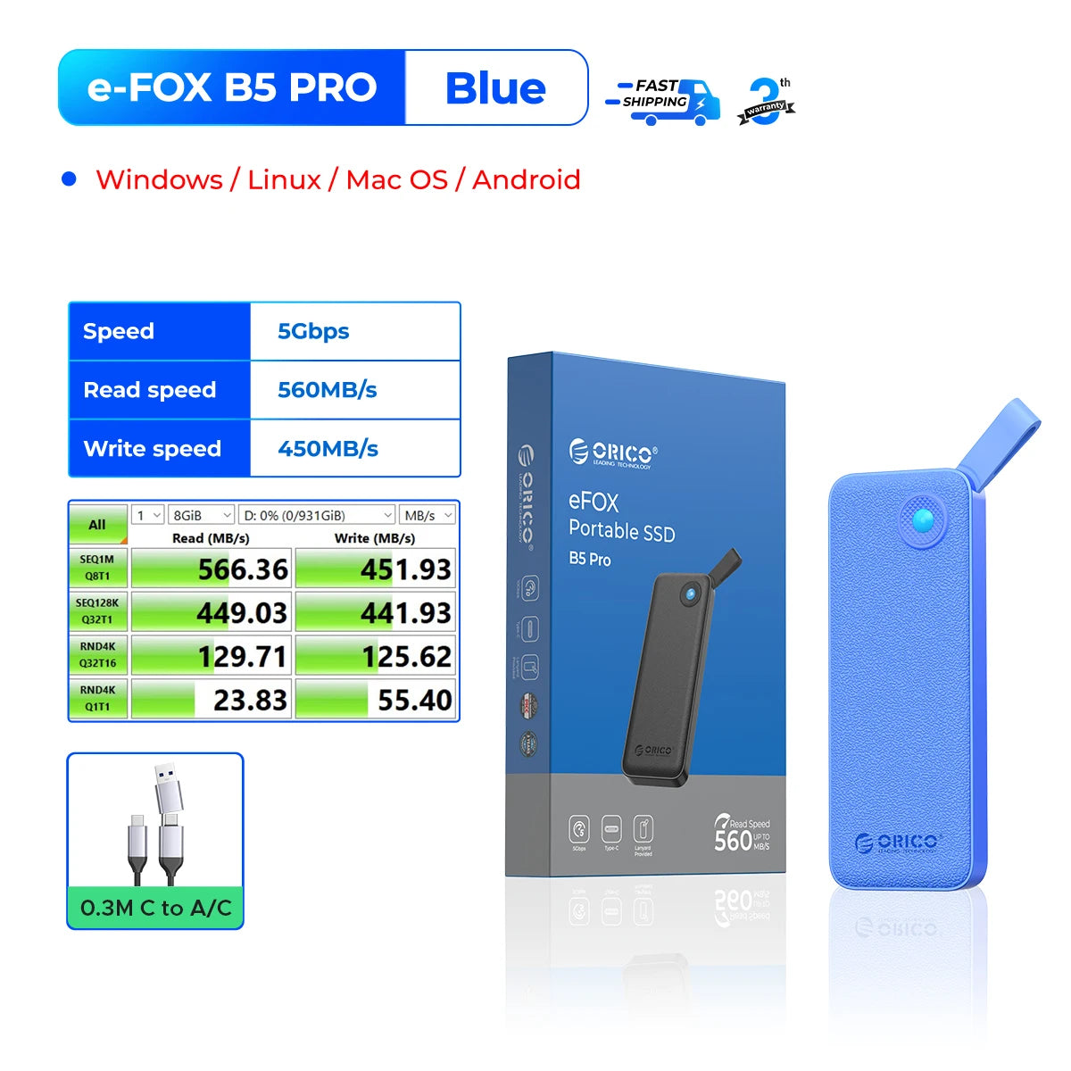 ORICO Portable SSD 560MB/s External Hard Drive for iPhone 15, Mac, PC - 36