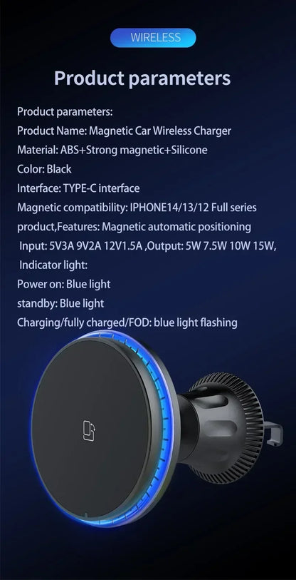 Magnetic Car Wireless Charger 15W Fast Mount for iPhone 12-16 Series