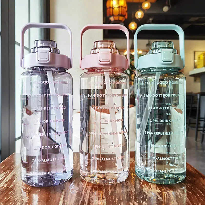 2L Large Motivational Water Bottle with Straw & Time Markers for Fitness