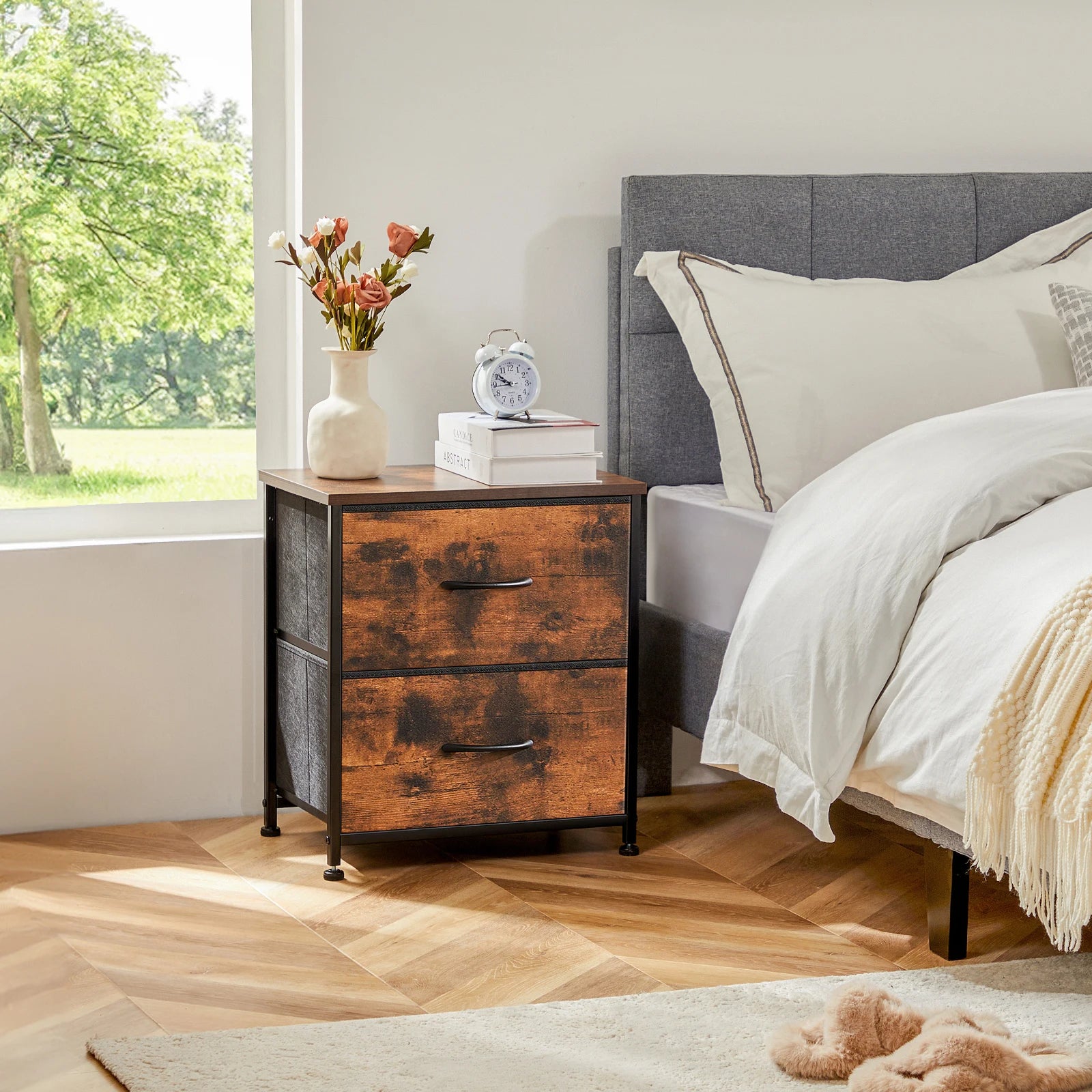 Modern 2-Drawer Nightstand with Fabric Storage Drawers – Bedroom Side Table - 11