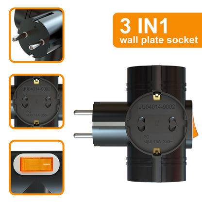 3-Way EU Plug Adapter - 250V 16A Power Socket Extender for Home & Travel