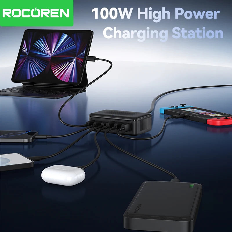 100W GaN 6-Port Desktop Fast Charging Station - Universal USB-C Power Hub - 3