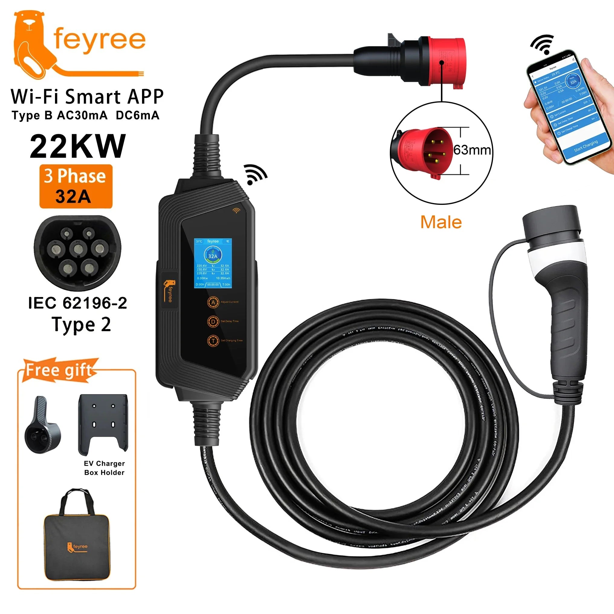 22KW 3-Phase Portable Type 2 EV Charger with App Control & Wi-Fi - 1