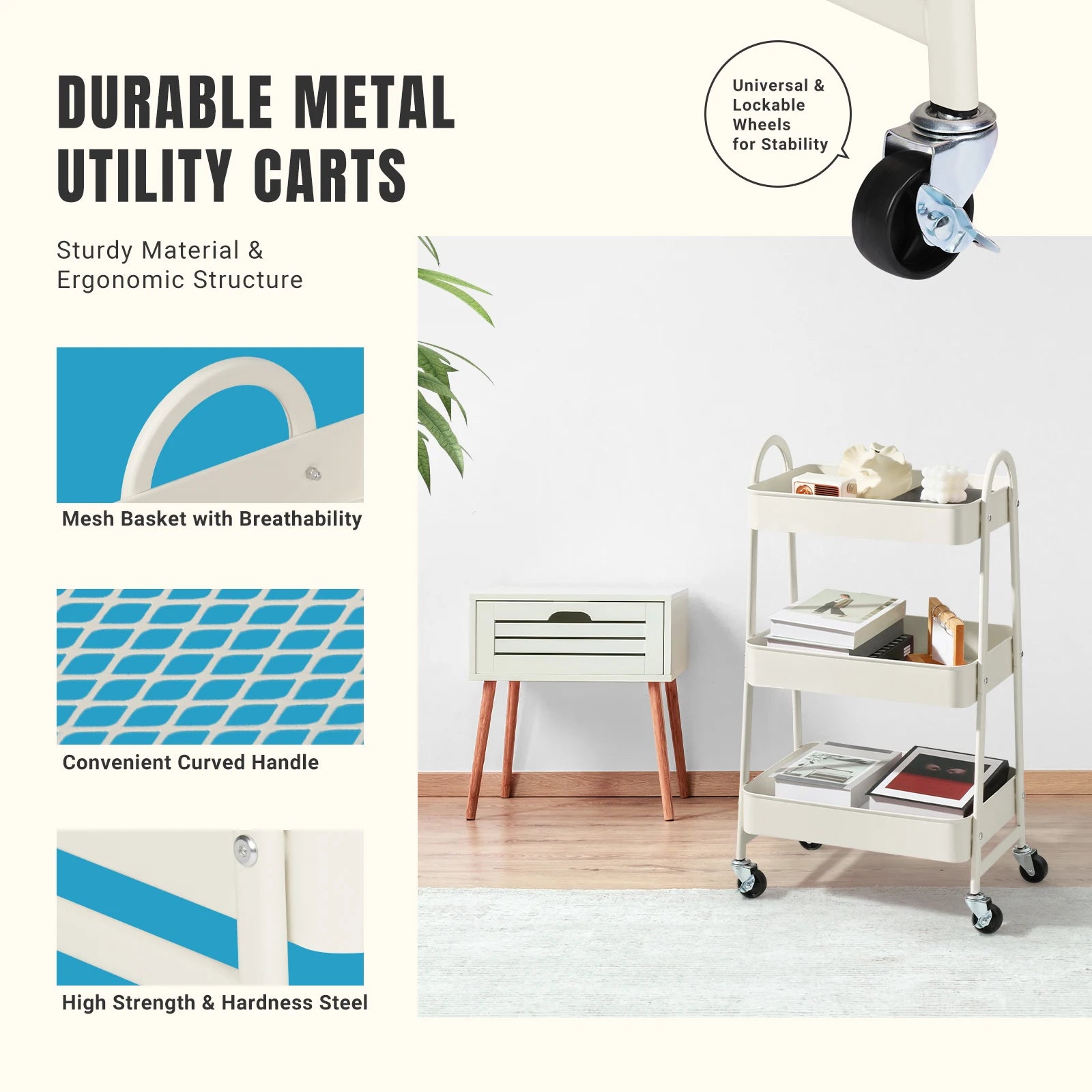 3-Tier Rolling Storage Utility Cart with Lockable Wheels for Home - 3