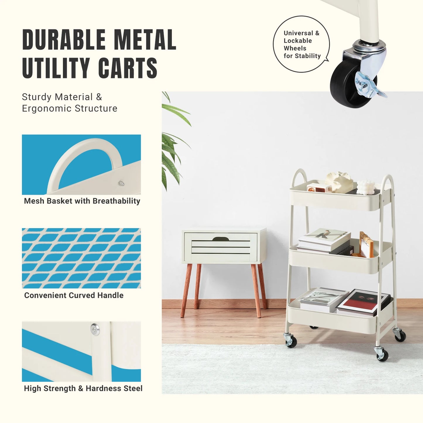 3-Tier Rolling Storage Utility Cart with Lockable Wheels for Home