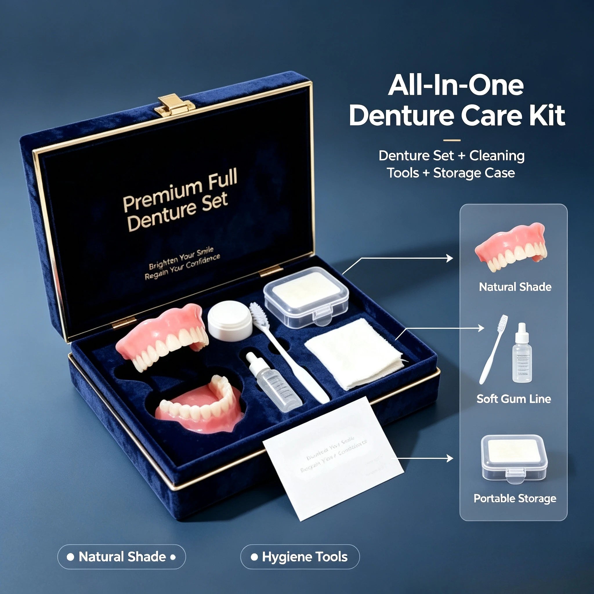 Full Mouth Denture Set with Premium Storage Case and Dental Cleaning Tools - 1