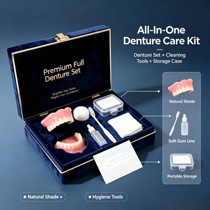 Full Mouth Denture Set with Premium Storage Case and Dental Cleaning Tools