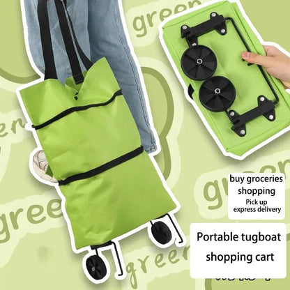 2-in-1 Foldable Shopping Bag with Wheels Pull Cart