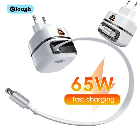 65W Fast USB-C Charger & Retractable Cable Adapter for Laptop and Phone