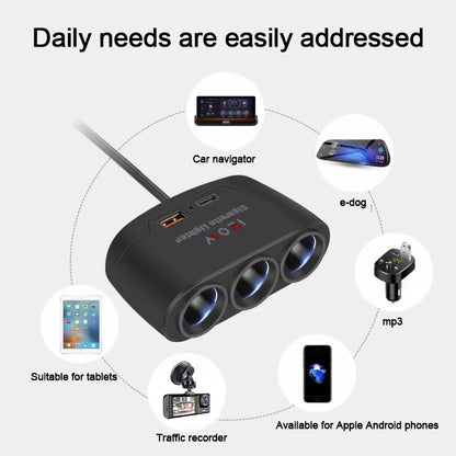 3-in-1 120W Car Cigarette Lighter Splitter Dual USB Fast Charger Adapter