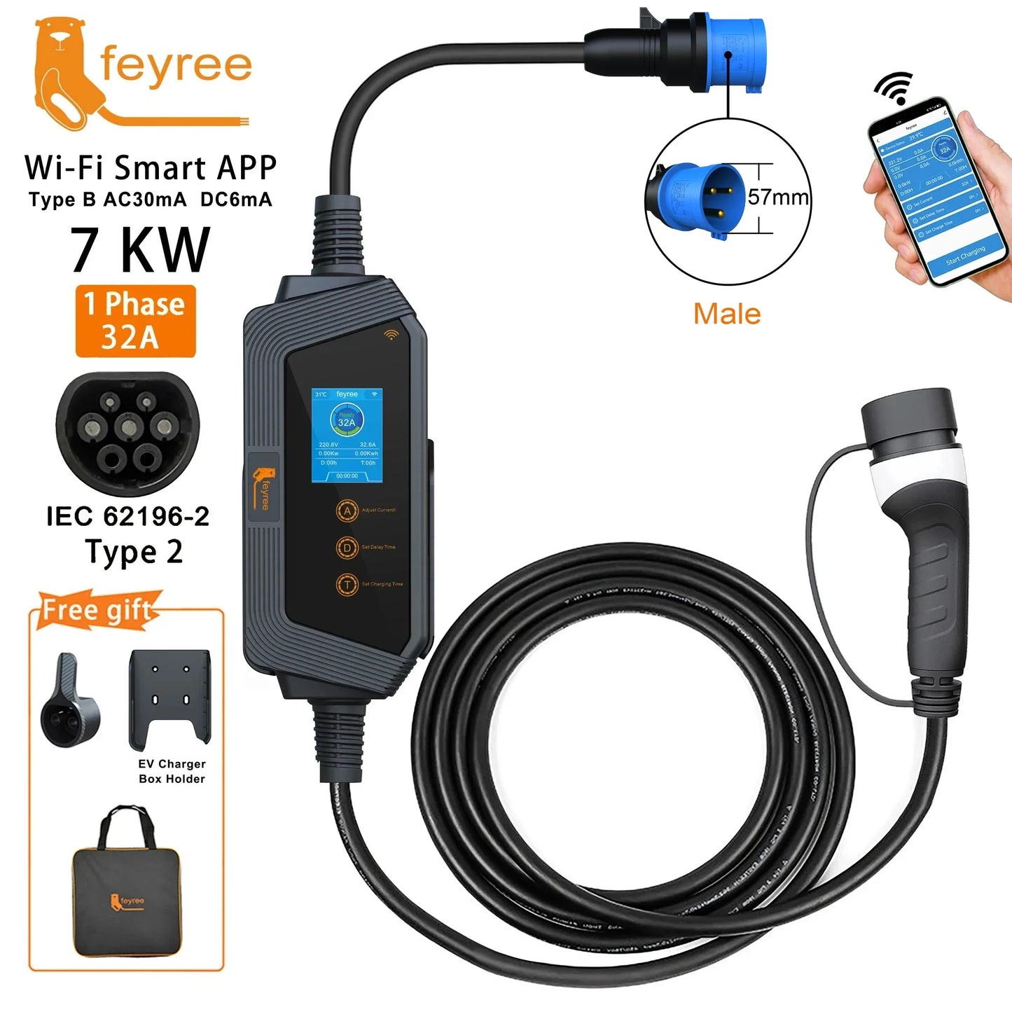 7kW Smart Portable EV Charger Type 2 - Wi-Fi App Control & Adjustable Amps