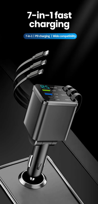 7-in-1 Retractable Fast Car Charger with Digital Display - 120W PD Adapter
