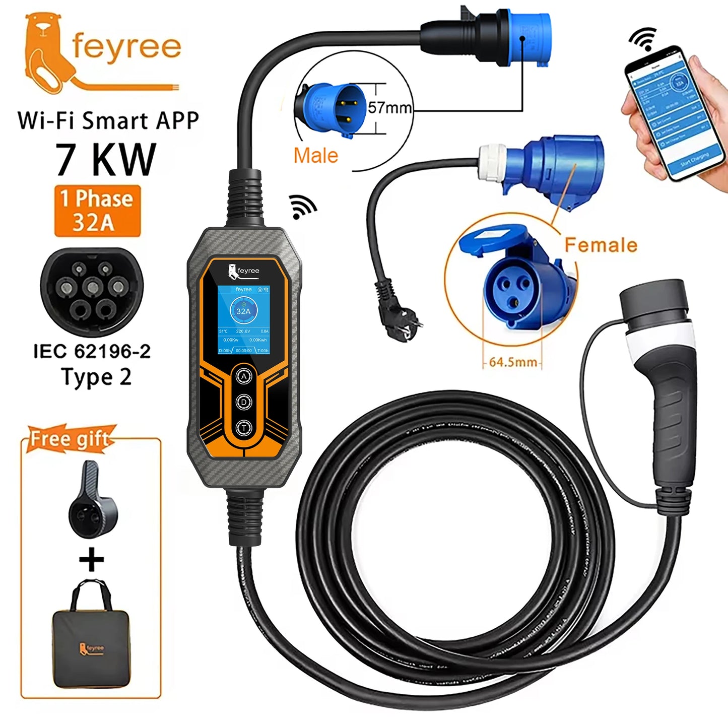 7KW Portable EV Charger Type 2, 32A Smart Wi-Fi Electric Vehicle Charger