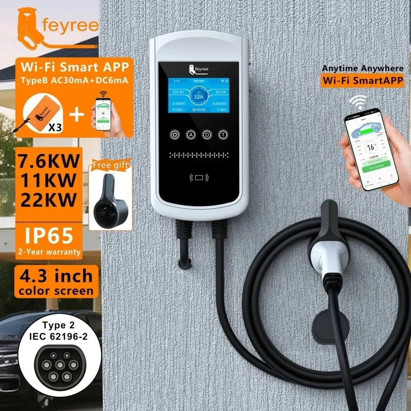 Smart EV Charging Station: Type 2 Wallbox with WiFi, App & LED Display