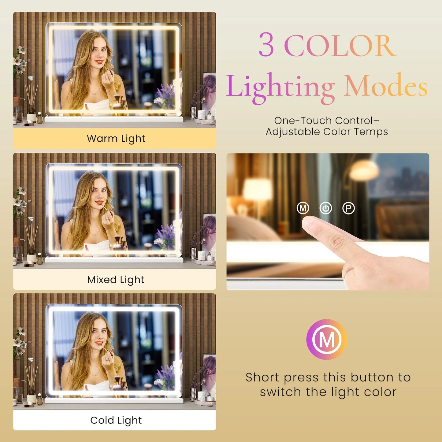 LED Vanity Mirror with Lights - Adjustable 3-Color Dimmable Makeup Mirror