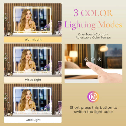 LED Vanity Mirror with Lights - Adjustable 3-Color Dimmable Makeup Mirror
