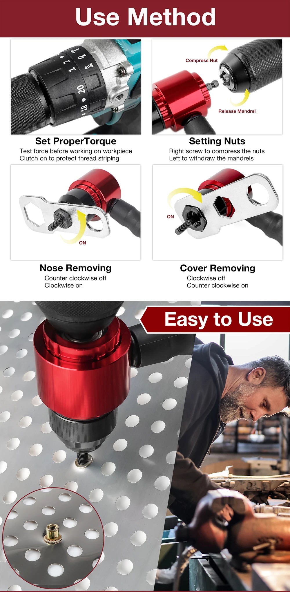 Electric Rivet Nut Gun Adapter for Drill - M3 M4 M5 M6 M8 Riveting Tool Kit