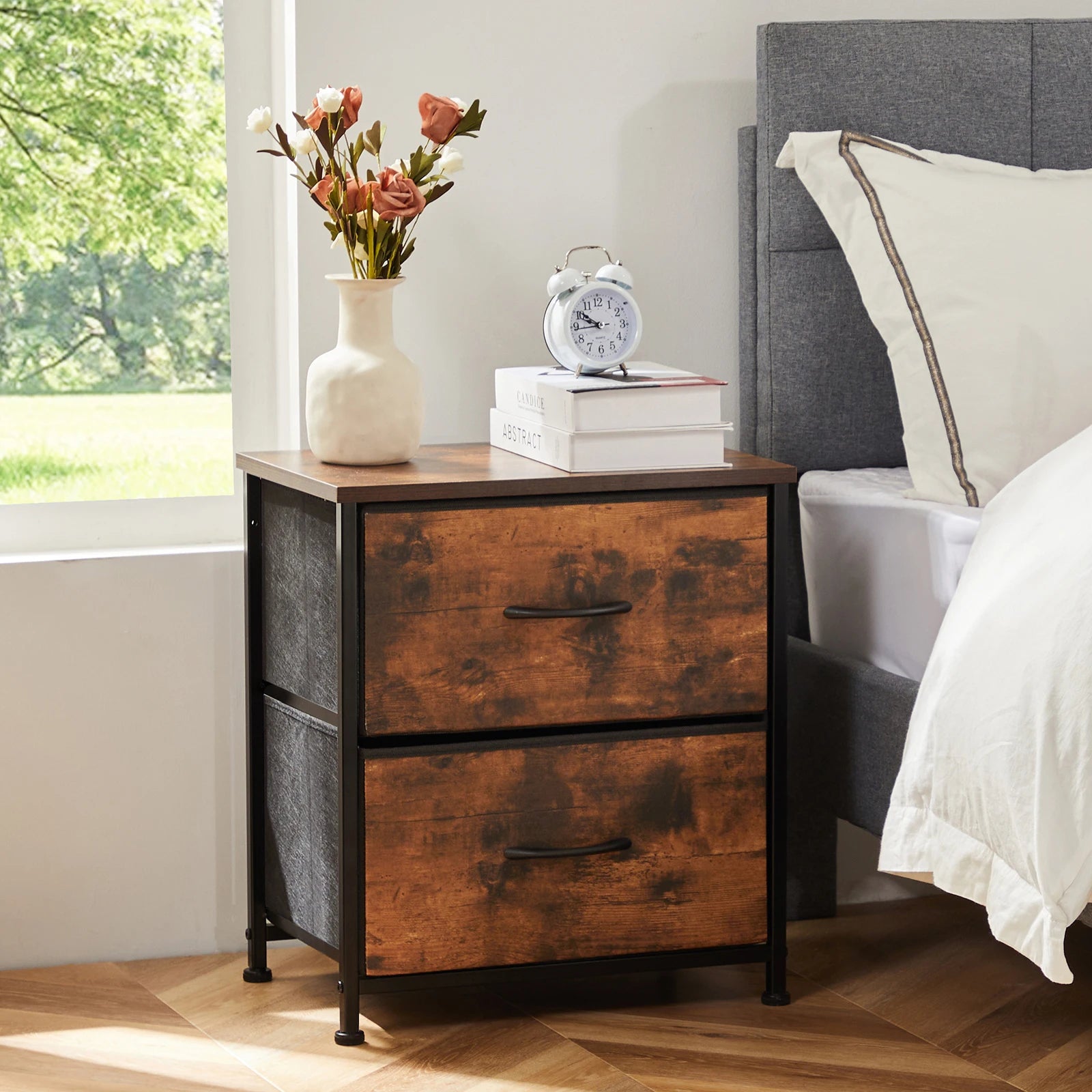 Modern 2-Drawer Nightstand with Fabric Storage Drawers – Bedroom Side Table - 14