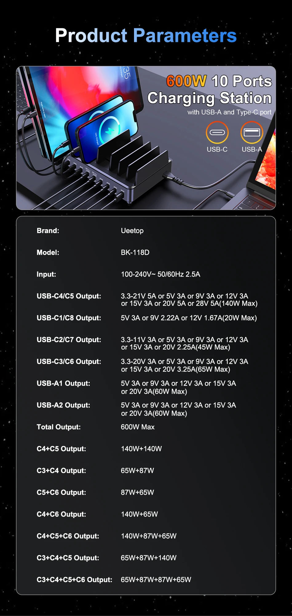 600W 10-Port GaN Desktop Charging Station - Fast PD 3.1 USB-C Charger