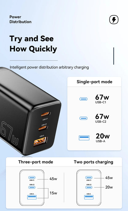 67W GaN 3-Port USB-C Fast Charger - Universal PD & QC Wall Adapter