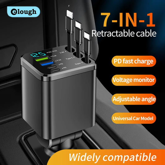 7-in-1 Retractable Fast Car Charger with Digital Display - 120W PD Adapter