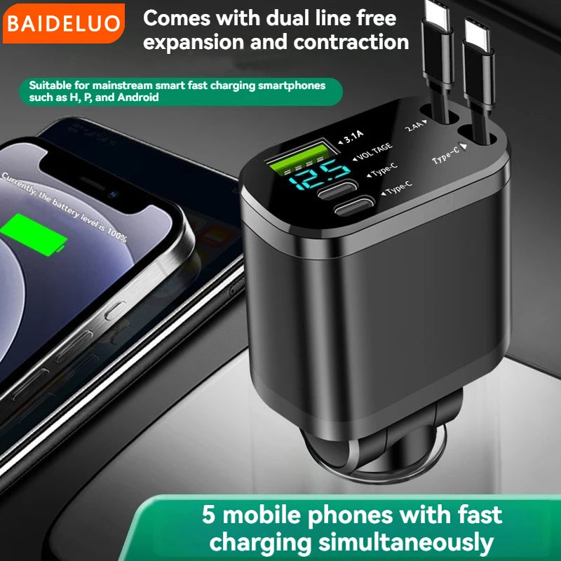 5-in-1 Retractable Car Charger - Fast PD Charging for All Devices - 7
