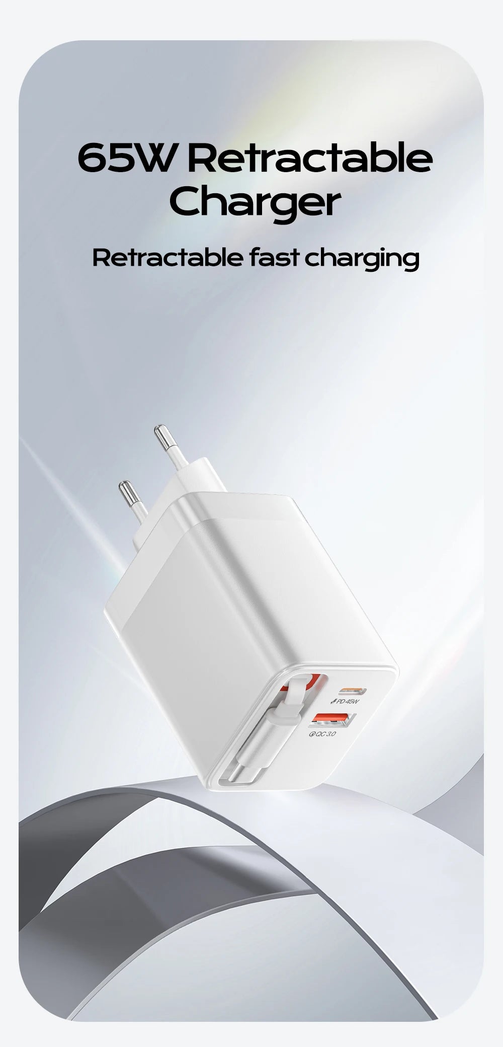 65W Retractable USB-C Fast Charger - Portable PD Travel Adapter for Laptop - 7