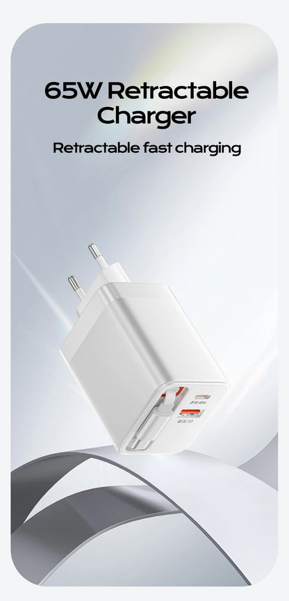 65W Retractable USB-C Fast Charger - Portable PD Travel Adapter for Laptop