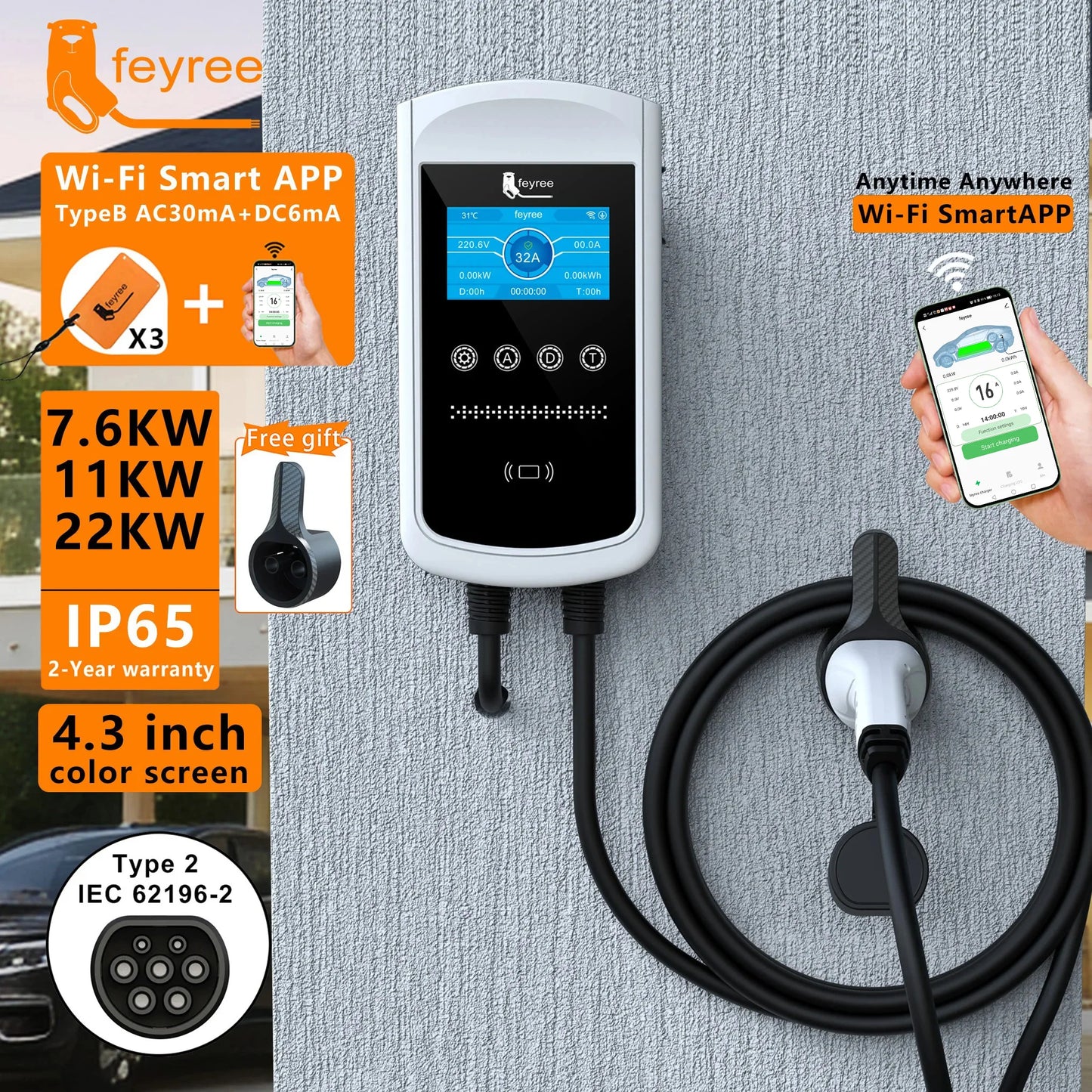 Smart EV Charging Station: Type 2 Wallbox with WiFi, App & LED Display
