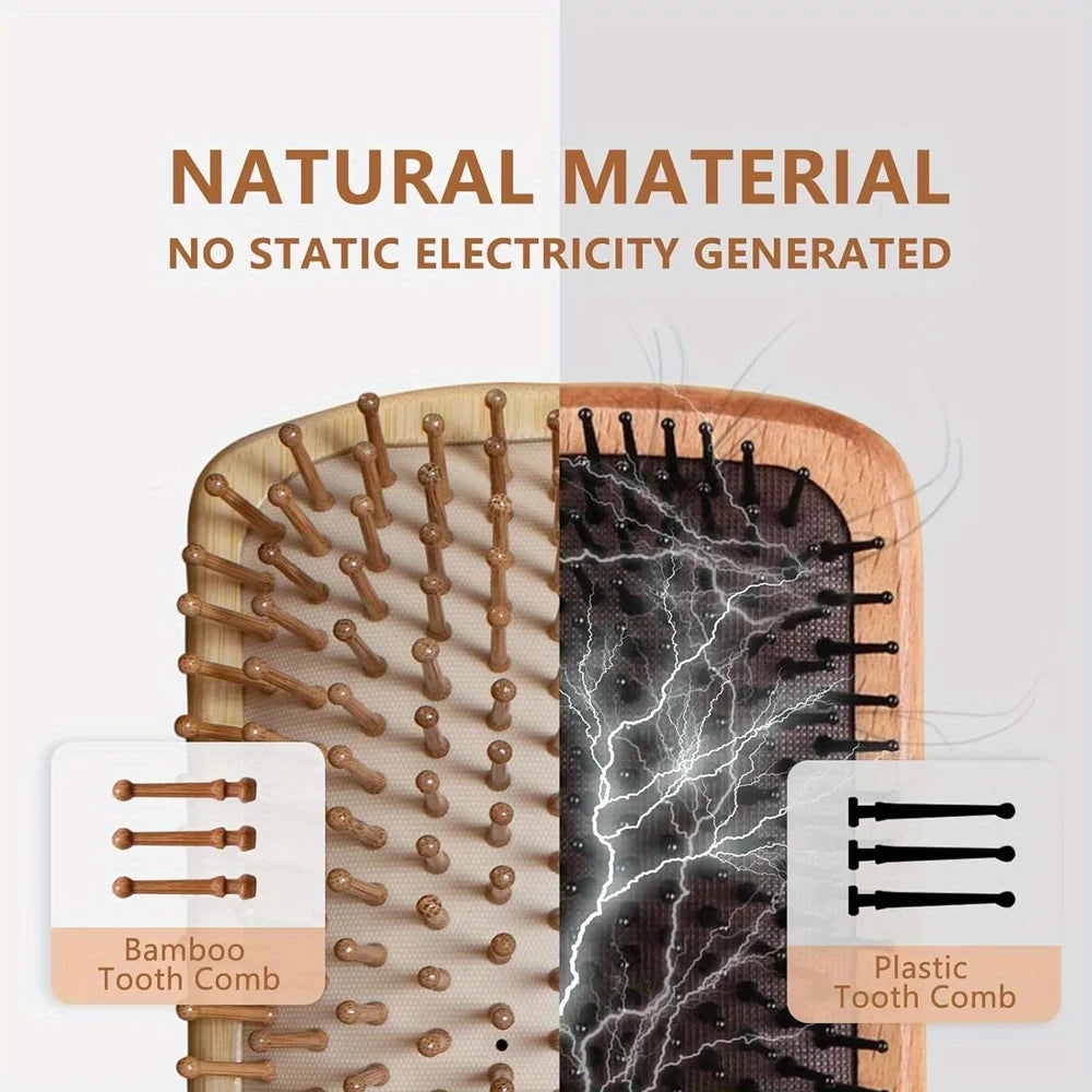 Natural Bamboo Paddle Hair Brush - Anti-Static Scalp Massage & Detangling - 3