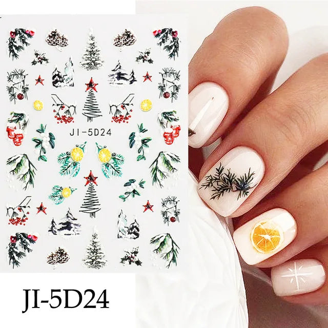 5D Embossed Christmas Nail Art Stickers - Winter Holiday Snowflake & Santa Decals - 10