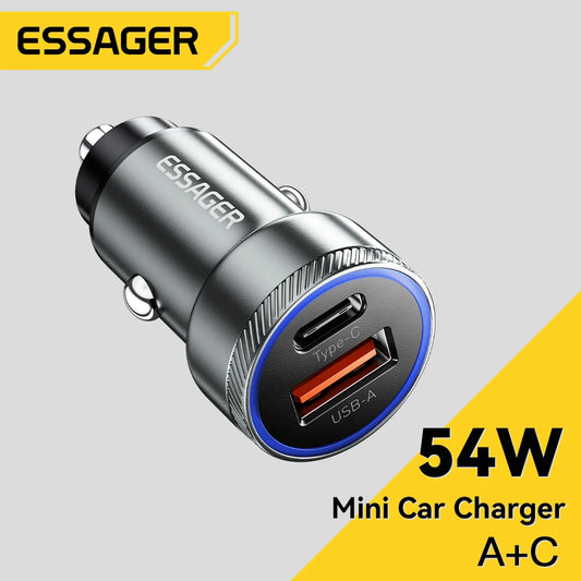 Essager 54W Dual Port Fast Car Charger - USB-C & USB-A PD/QC 3.0 Adapter