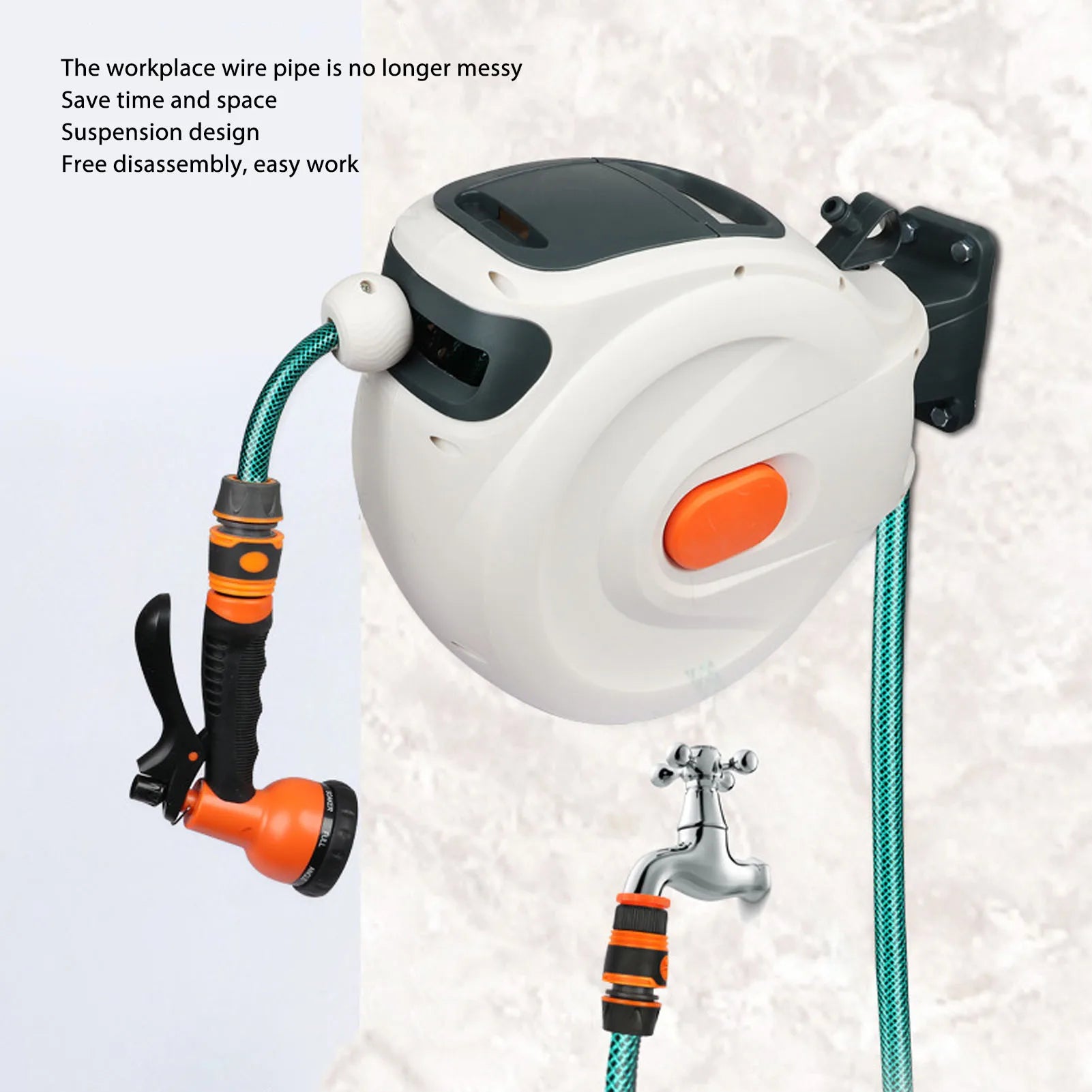 Retractable Garden Hose Reel 10m with 8-Pattern Spray Nozzle & Auto-Rewind - 1