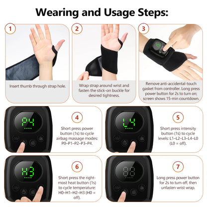 Cordless Air Compression Wrist Massager with Heat Therapy for Pain Relief